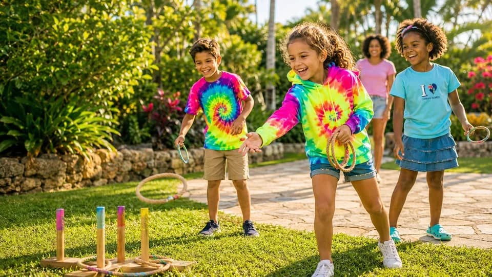 Children in tie-dye and Cayman Islands tees playing ring toss in a tropical Grand Cayman garden