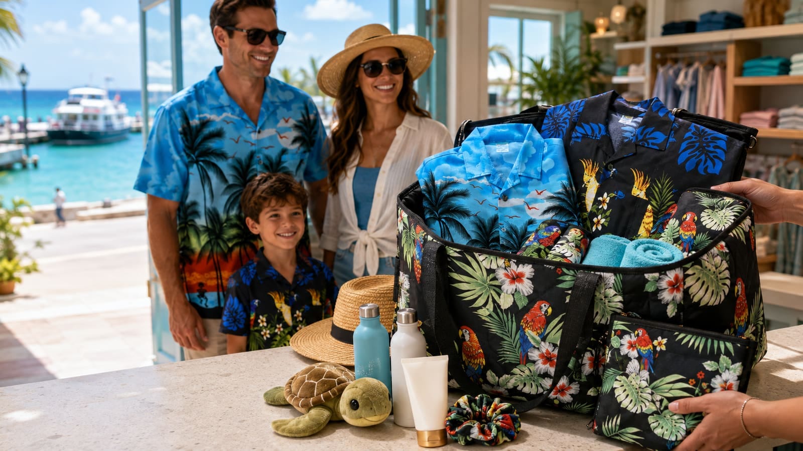 Family collecting a packed beach day combo bag with shirts, towels and sunscreen in store