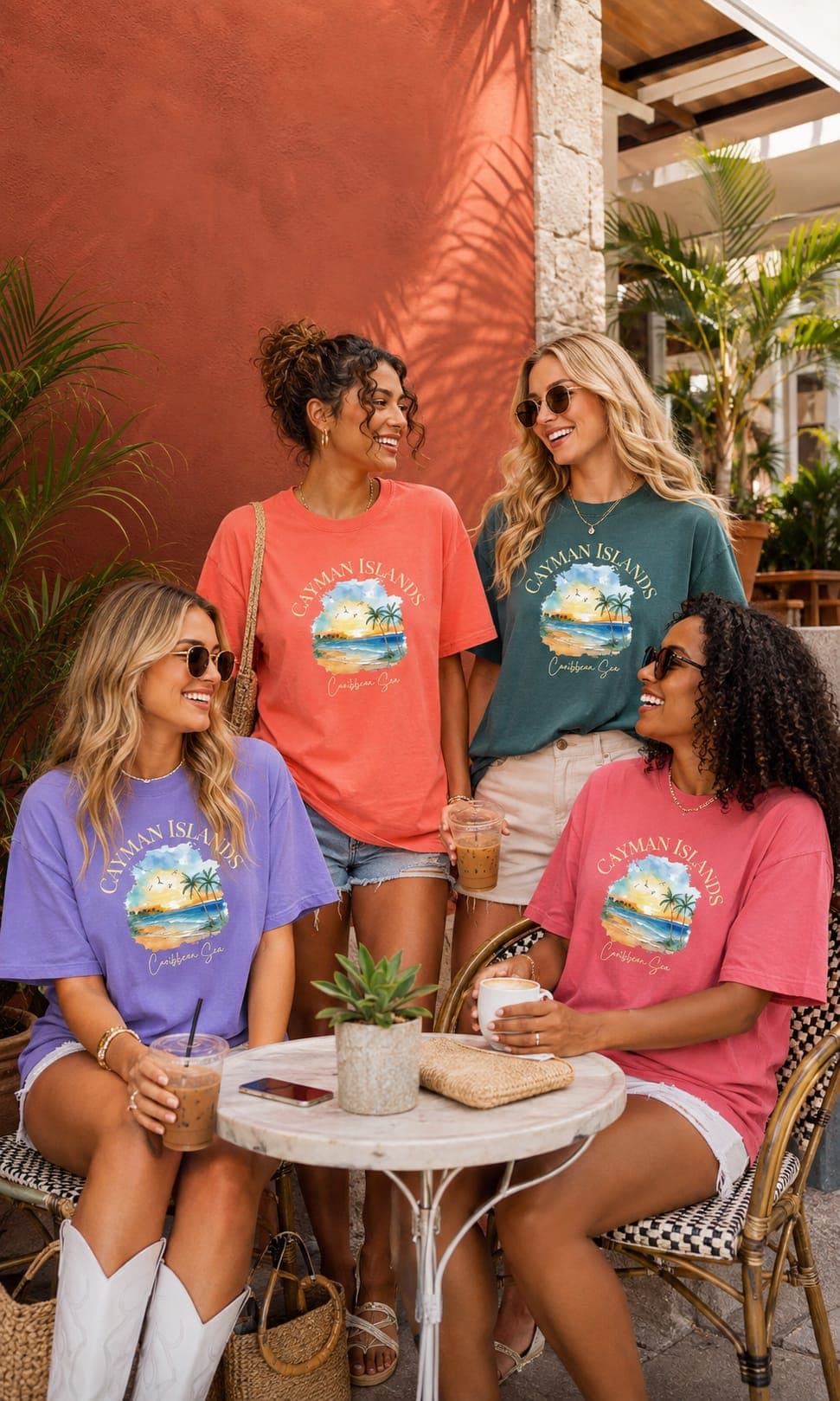 Four women in coloured Cayman Islands Caribbean Sea tees relaxing at a Grand Cayman cafe